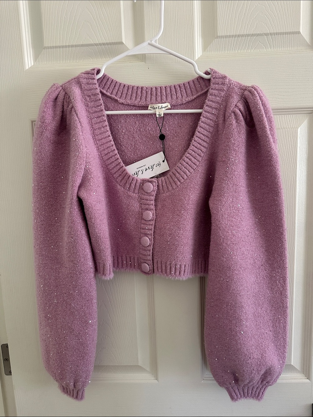 For Love & Lemons Lavender Sparkle Puff-Sleeve Cropped Cardigan